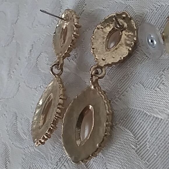 Gold Tone Faux Pearl Rhinestone Pierced Earrings Vintage - Picture 4 of 8